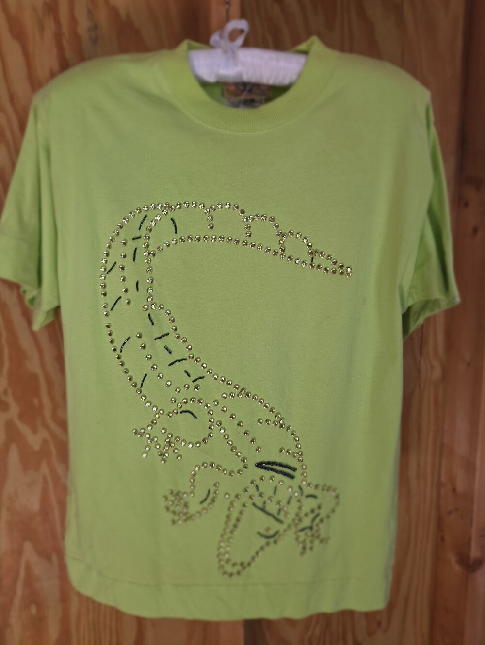 Vintage Gene Ewing BIS Lime Green Alligator T-Shirt Medium Beaded Sequined Top